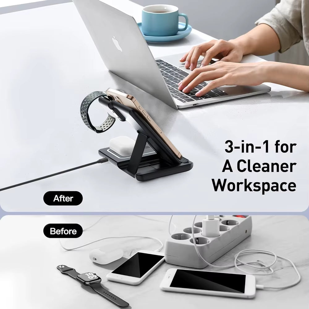 3-In-1 Foldable Wireless Charging Station with Fast Charger for Iphone/Iwatch/Airpods Type-C Port Custom Logo OEM Wholesale