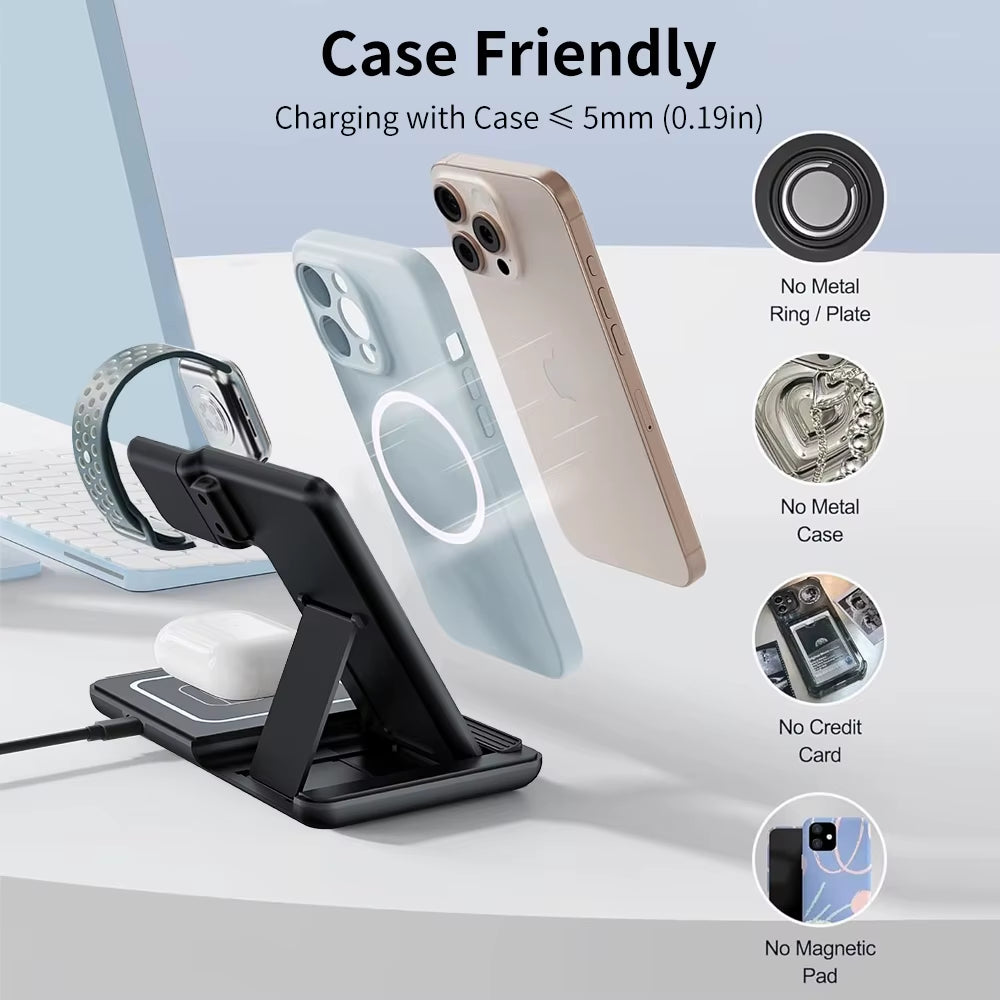 3-In-1 Foldable Wireless Charging Station with Fast Charger for Iphone/Iwatch/Airpods Type-C Port Custom Logo OEM Wholesale