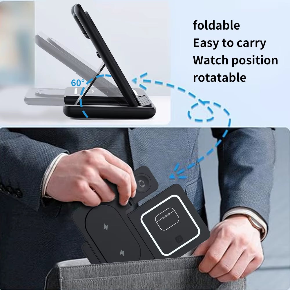 3-In-1 Foldable Wireless Charging Station with Fast Charger for Iphone/Iwatch/Airpods Type-C Port Custom Logo OEM Wholesale