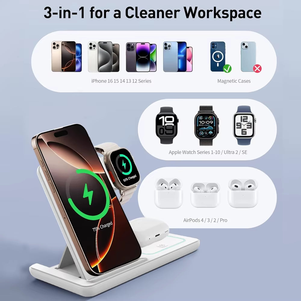 3-In-1 Foldable Wireless Charging Station with Fast Charger for Iphone/Iwatch/Airpods Type-C Port Custom Logo OEM Wholesale