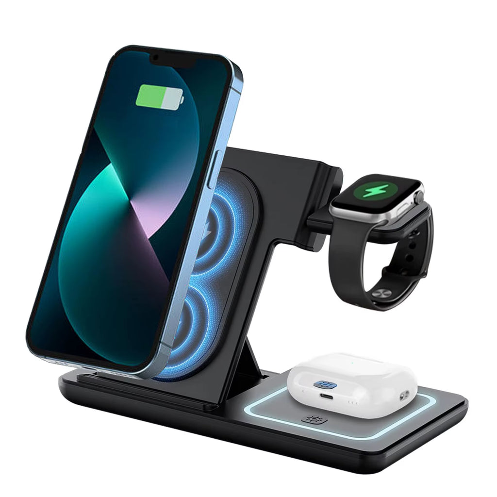 3-In-1 Foldable Wireless Charging Station with Fast Charger for Iphone/Iwatch/Airpods Type-C Port Custom Logo OEM Wholesale
